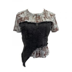 Cowboy patchwork dyed mesh short sleeved t-shirt for women