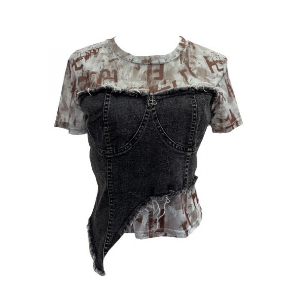 Cowboy patchwork dyed mesh short sleeved t-shirt for women