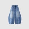 Women's Washed Baggy Hole Slant Leg Wide-Leg Three-Quarter Denim Pants for Couples