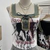 Edge denim patchwork printed vest with tie bow short sleeveless top