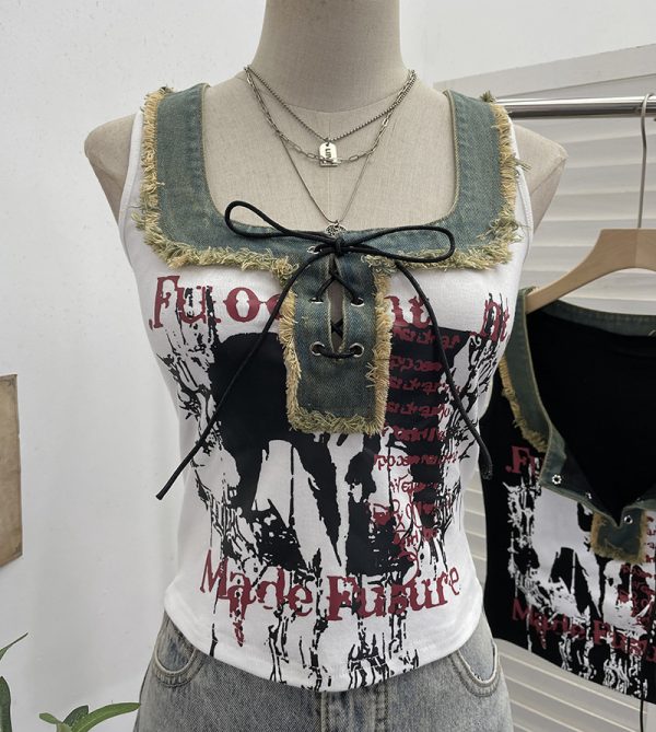 Edge denim patchwork printed vest with tie bow short sleeveless top