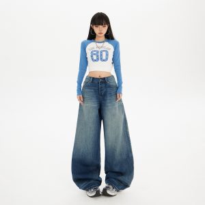 Women's Blue Knife-Leg Jeans  Gradient High-Waist Loose Wide-Leg Pants