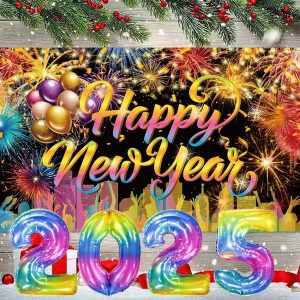 Happy New Year Background Cloth With 32 Inch Balloons Fireworks Designs New Year Backdrop Decor Holiday Photo Studio Props For 2025 New Year Party Photography Supplies