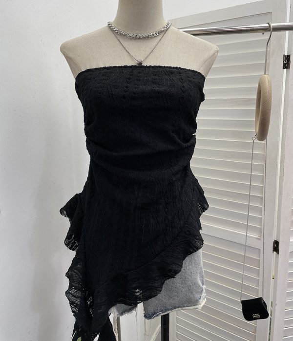 Lace strapless irregular ruffled ribbon sleeveless top