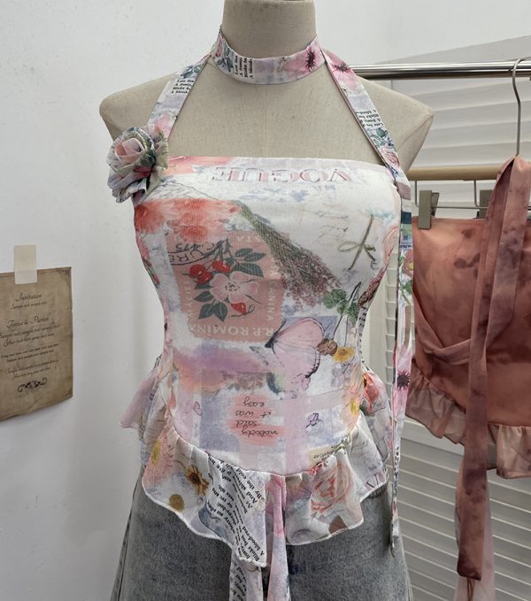 Printed neck hanging flower strapless sleeveless top