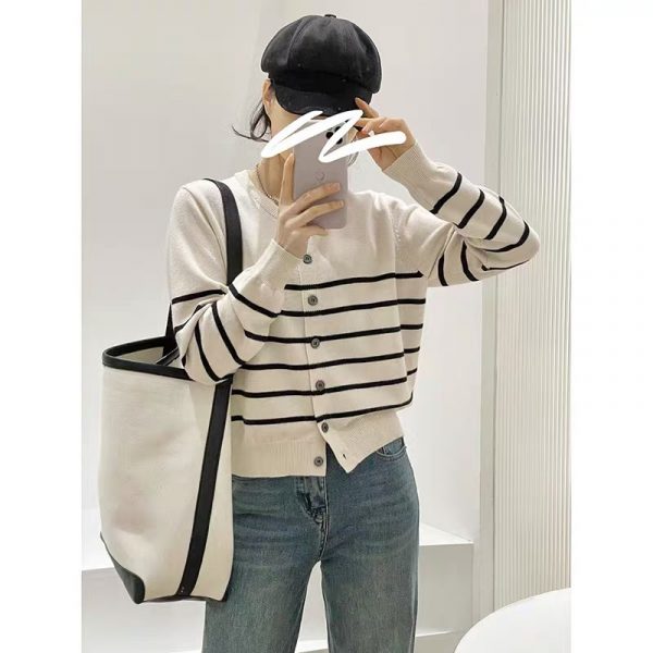 Color Block Stripe Knit Cardigan Version Loose Fit Versatile High-Grade Temperament Sweater Coat for Women