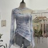 Dyed Mesh Printed Long Sleeve T-Shirt with Spicy Design, Drawstring, Hollow-out Shoulder and Flare Long Sleeve Top
