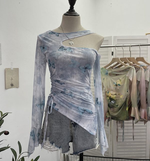 Dyed Mesh Printed Long Sleeve T-Shirt with Spicy Design, Drawstring, Hollow-out Shoulder and Flare Long Sleeve Top
