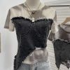 Cowboy patchwork dyed mesh short sleeved t-shirt for women