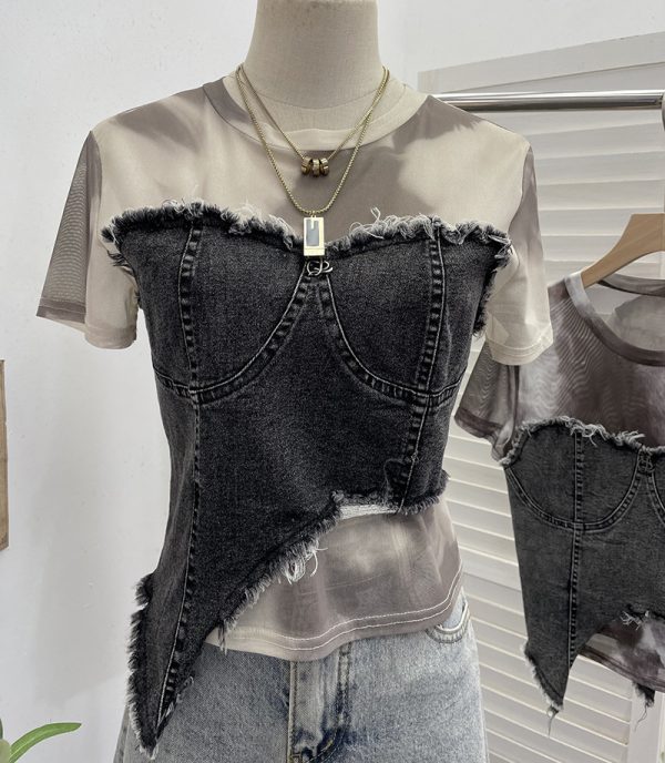 Cowboy patchwork dyed mesh short sleeved t-shirt for women