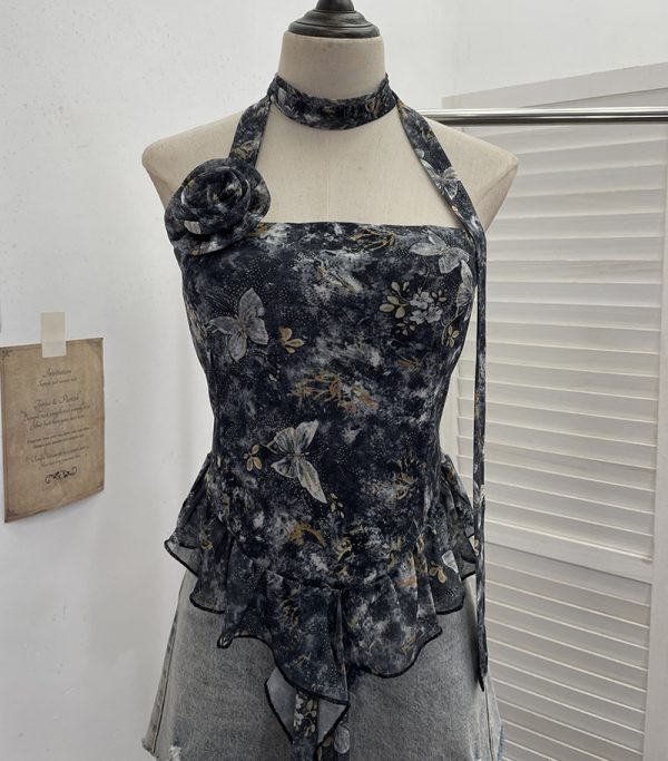 Printed neck hanging flower strapless sleeveless top