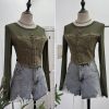 Denim Splicing Mesh Design Long Sleeve T-Shirt with Drawstring Tie Short Fitted Top