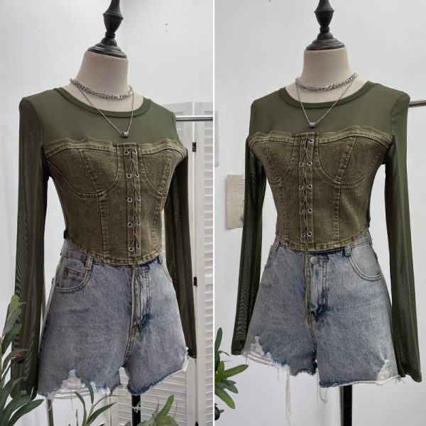 Denim Splicing Mesh Design Long Sleeve T-Shirt with Drawstring Tie Short Fitted Top