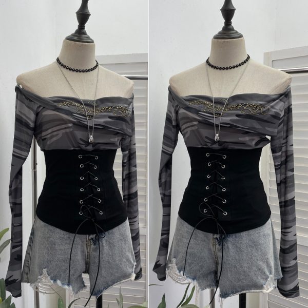 Waist tied horn long sleeved top short T-shirt