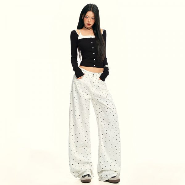 Women's Black and White Polka Dot Slimming Loose Straight Jeans  High Waist Wide Leg Pants