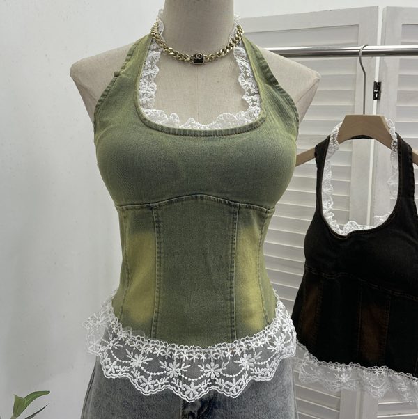 Lace patchwork neck hanging sleeveless top