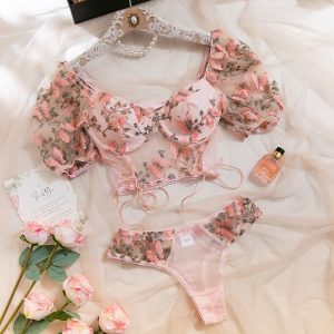 Style Pink Butterfly Embroidered Bubble Sleeve Sheer Crop Top Women's Underwear Set
