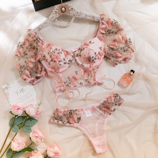 Style Pink Butterfly Embroidered Bubble Sleeve Sheer Crop Top Women's Underwear Set