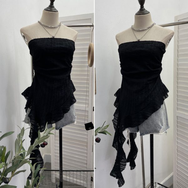 Lace strapless irregular ruffled ribbon sleeveless top