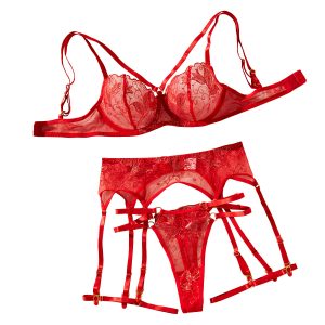 Flower Embroidery Ultra Thin Perspective Sexy Underwear Four Piece Set