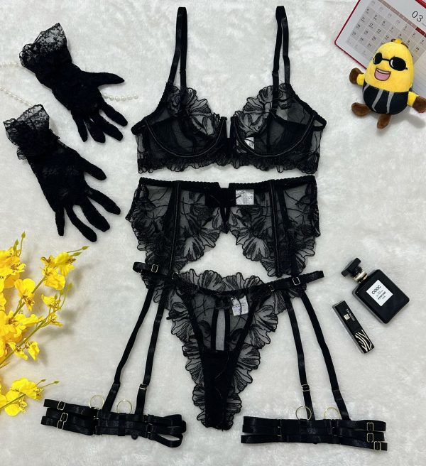 Lace Hollow Comfortable Sheer Sexy Lingerie Underwear Garter Belt Separated Five-Piece Set