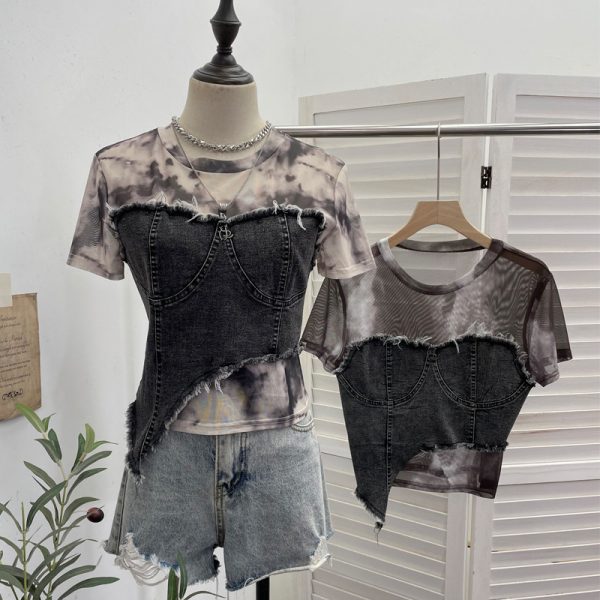 Cowboy patchwork dyed mesh short sleeved t-shirt for women