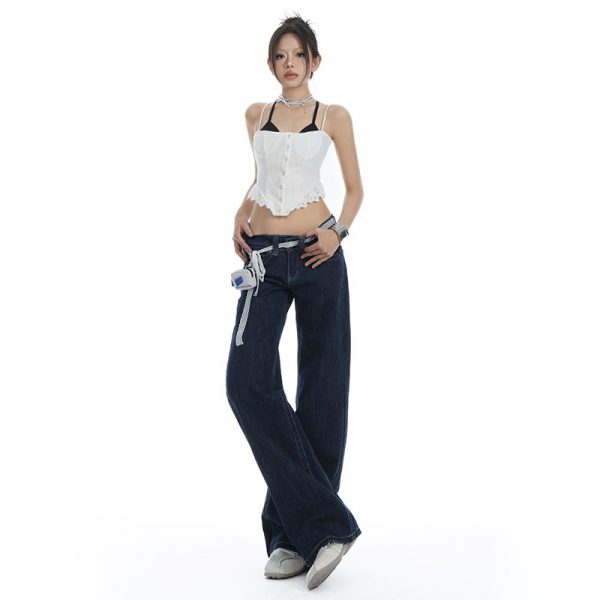 Women's Original Color Straight Leg Jeans Low Waist Slim Wide Leg Long Pants