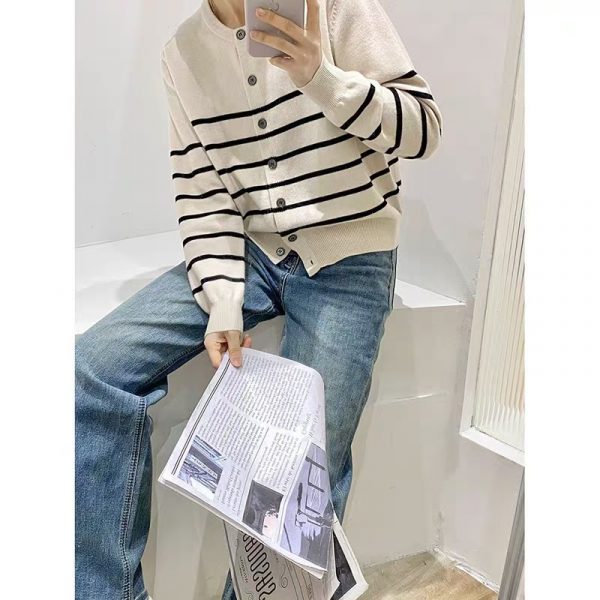 Color Block Stripe Knit Cardigan Version Loose Fit Versatile High-Grade Temperament Sweater Coat for Women