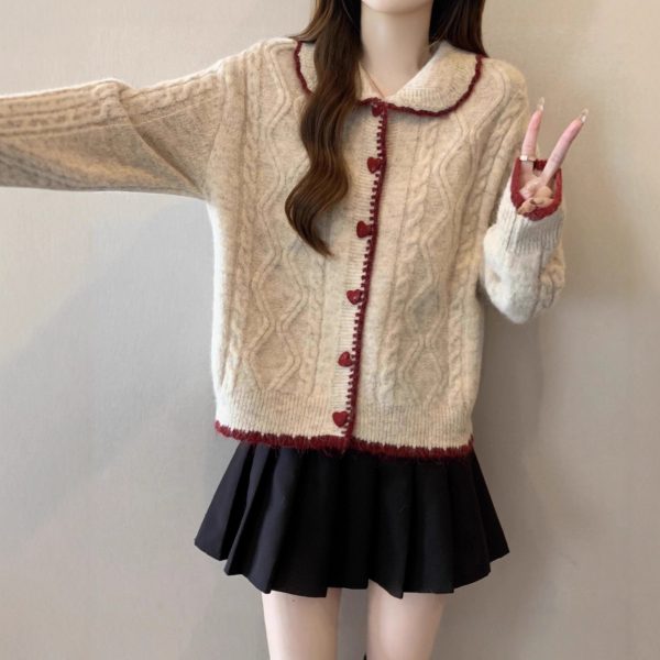 Style Temperament Heart Buckle Peter Pan Collar Knitted Cardigan Women Loose Cute Wind Sweater Jacket