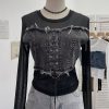 Denim Patchwork Frayed Binding Slim Long Sleeve Short Mesh Top T-Shirt
