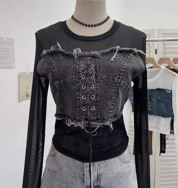 Denim Patchwork Frayed Binding Slim Long Sleeve Short Mesh Top T-Shirt