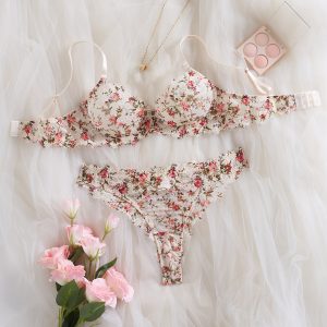 Monet Garden Oil Painting Floral Lace Eyelash Hem Underwear Sexy Hollow Comfortable Gathered Bra Set