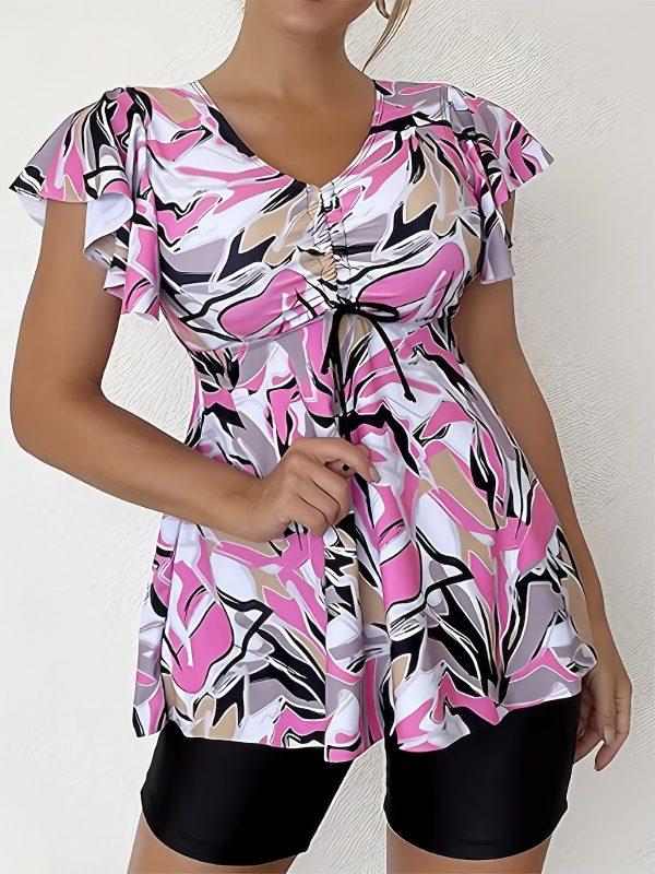 Women's Fashion Plus-size Tankini Set, Skirt Style, Drawstring At The Chest, Two-piece Set, Vacation Style