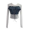 Denim Patchwork Frayed Binding Slim Long Sleeve Short Mesh Top T-Shirt