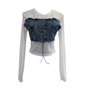 Denim Patchwork Frayed Binding Slim Long Sleeve Short Mesh Top T-Shirt