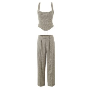 Two piece set of slim fitting plaid tight strap camisole vest and high waisted straight leg casual pants