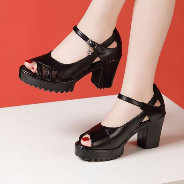 One-Strap High Heel Genuine Leather Sandals for Women White Chunky Heel Thick Sole Waterproof Platform Versatile Wide Size Mother Shoes