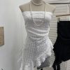 Lace strapless irregular ruffled ribbon sleeveless top