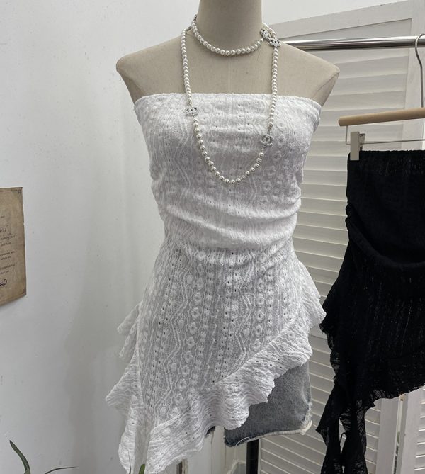 Lace strapless irregular ruffled ribbon sleeveless top
