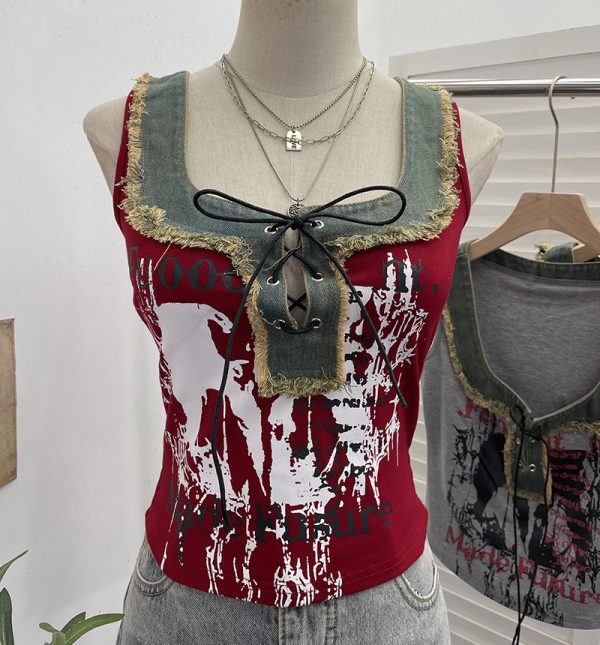Edge denim patchwork printed vest with tie bow short sleeveless top