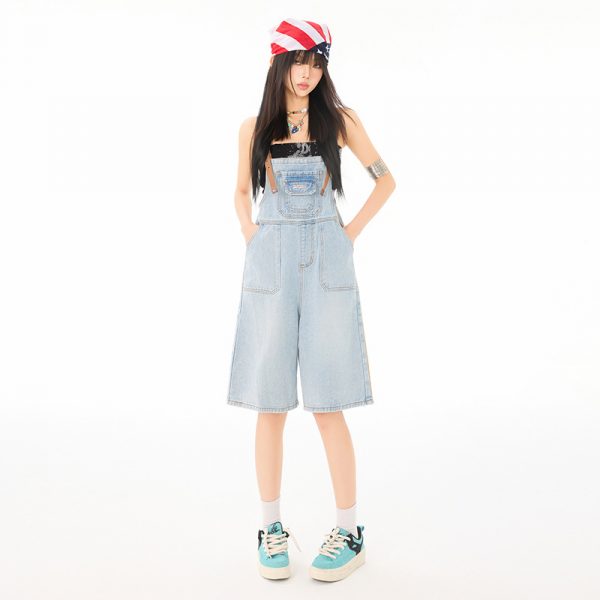 Women's Denim Overalls Summer Strap Design Loose  Age-Reducing Wide-Leg Pants