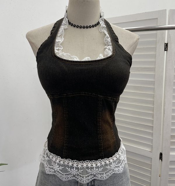 Lace patchwork neck hanging sleeveless top