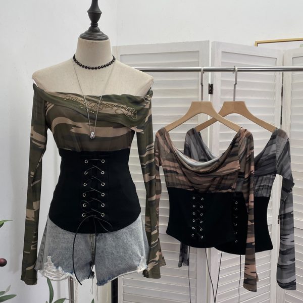 Waist tied horn long sleeved top short T-shirt