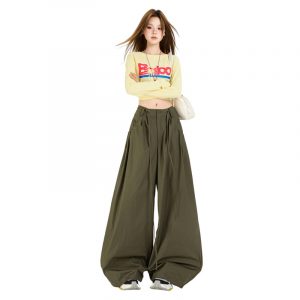 Women's Pants Casual Sports Trousers with Drawstring Pockets and Wide Leg Design