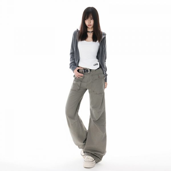 Women's Multi-Pocket Flared Work Jeans with Pleated Design and Low Waist Bootcut Style
