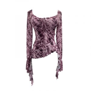 Horn long sleeved T-shirt with irregular ruffle edge and ribbon top