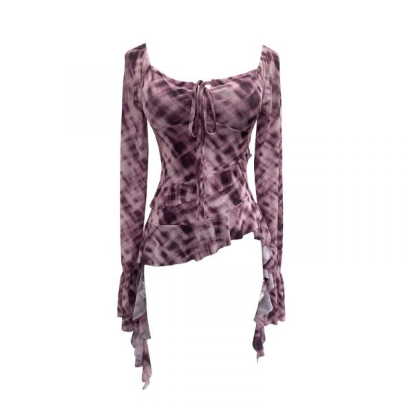 Horn long sleeved T-shirt with irregular ruffle edge and ribbon top