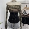 Waist tied horn long sleeved top short T-shirt