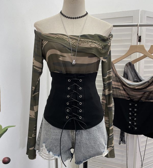 Waist tied horn long sleeved top short T-shirt