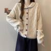 Style Temperament Heart Buckle Peter Pan Collar Knitted Cardigan Women Loose Cute Wind Sweater Jacket